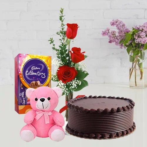 Send online Chocolate Cake with Red Roses, Teddy N Cadbury Pack