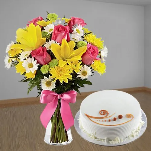 Get Mixed Flowers Bunch with Vanilla Cake 