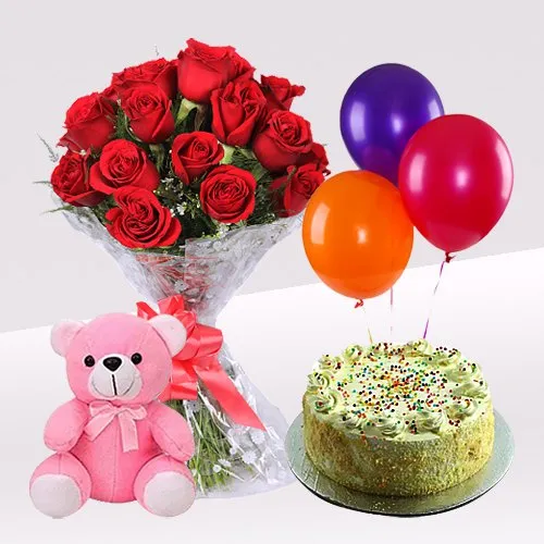 Send Roses Bunch with Vanilla Cake Teddy N Balloons 