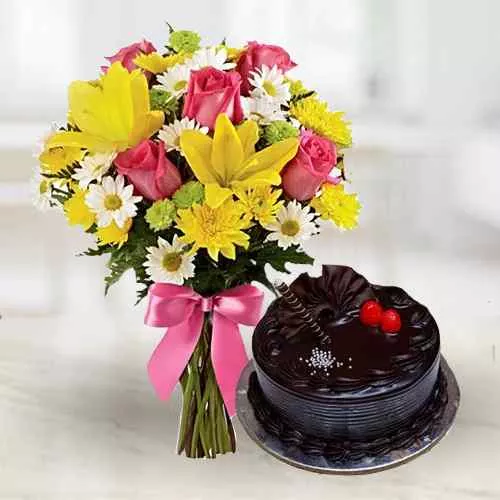 Delightful Combo of Mixed Flowers Bunch with Chocolate Truffle Cake