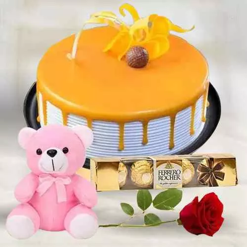 Deliver Eggless Butter Scotch Cake with Rose Ferrero Rocher N Teddy