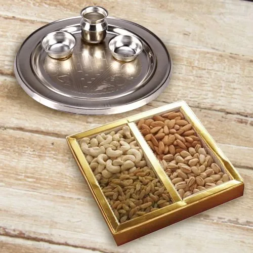 Ship Silver Plated Puja Thali with Assorted Dry Fruits