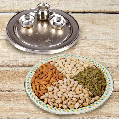 Shop Silver Plated Thali with Assorted Dry Fruits
