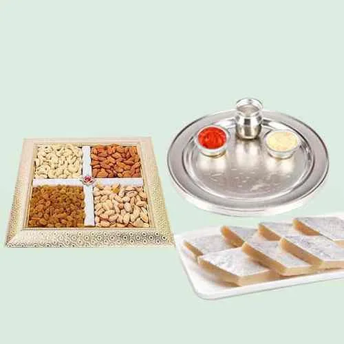Send Silver Plated Puja Thali with Assorted Dry fruits with Haldiram Kaju Katli
