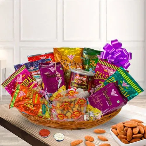 Ecstatic Haldirams Sweets N Snacks Basket for Bhai Dooj