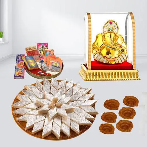 Tasty Kaju Katli with Ganesh Idol n Diwali Pooja Samagri Free Diya