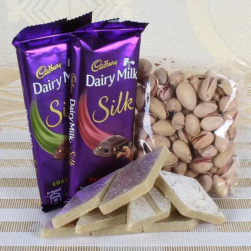 Gift Trio of Pistachio n Cadbury Chocolates n Haldiram Kaju Katli for Christmas