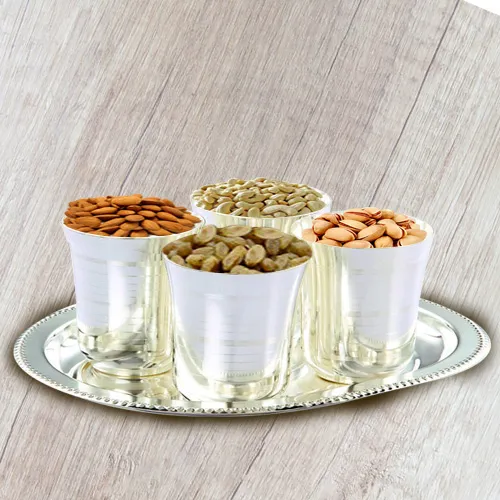 Sending Dry Fruits in Silver Glasses and Tray 