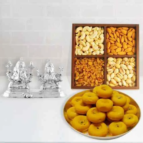 Deliver Silver Plated Ganesh Lakshmi with Sweets and Dry Fruits