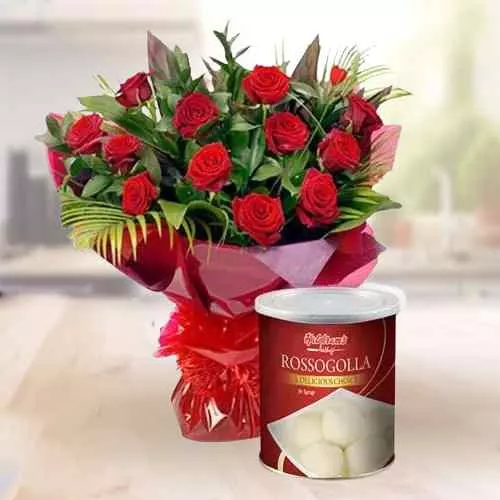 Deliver Bouquet of Red Roses with Haldiram Rasgulla
