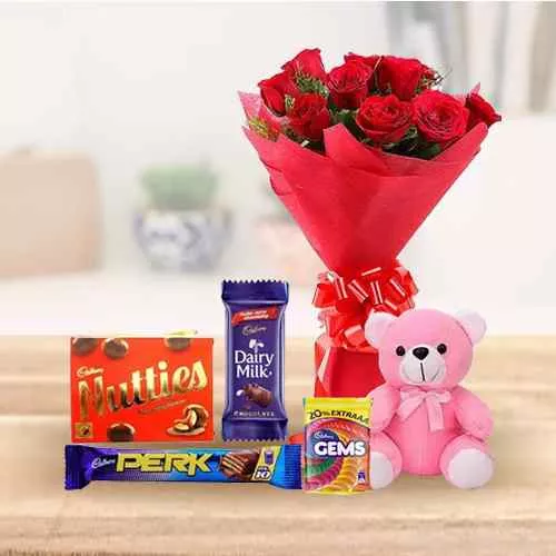 Shop Assorted Chocolates with Teddy and Roses