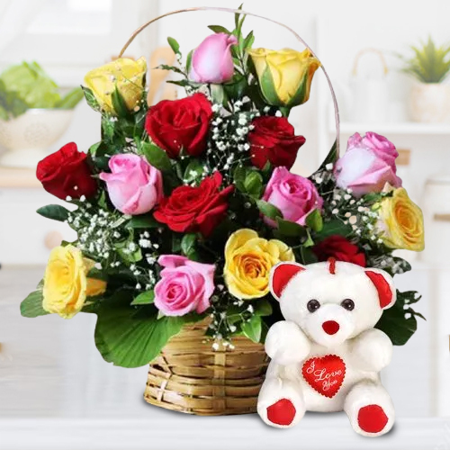 Buy Assorted Roses Arrangement with Teddy Bear