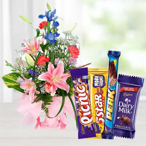Deliver Mixed Flowers Arrangement with Mixed Cadbury Chocolates