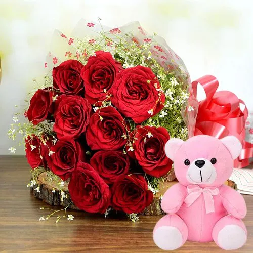 Deliver Red Roses Bunch with Teddy