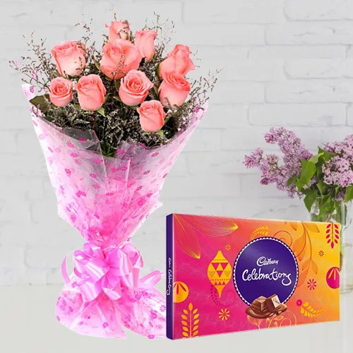 Sending Pink Roses Hand Bunch with Cadbury Assortment