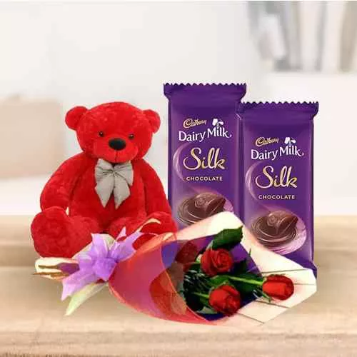 Order Small Teddy Roses and Dairy Milk Silk Chocolate Bars