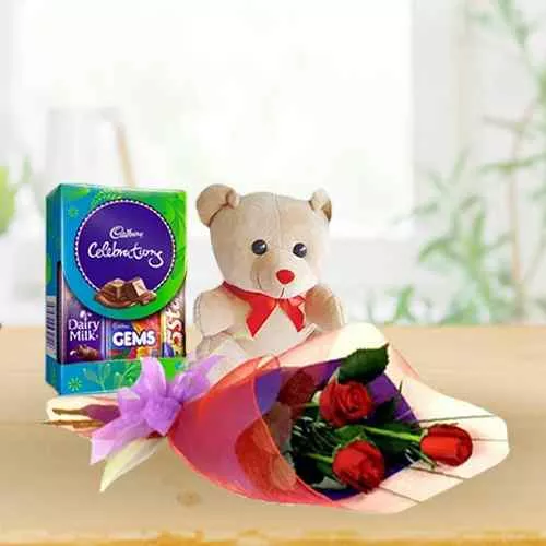 Send Red Rose Bunch with Teddy N Cadbury Assortment Mini Pack