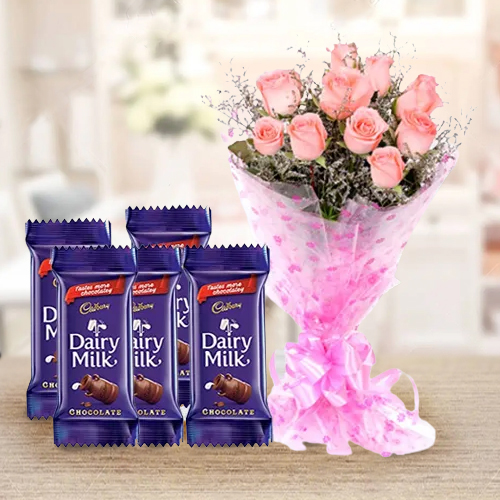 Send Pink Roses Bouquet with Cadbury Dairy Milk Chocolates