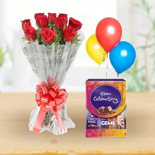 Sending Red Roses Bouquet Balloons and Cadbury Mini Pack Online