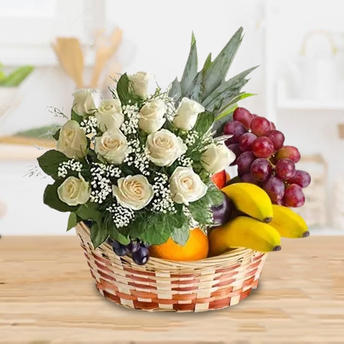 Send Fresh Fruits Basket with White Roses Bunch
