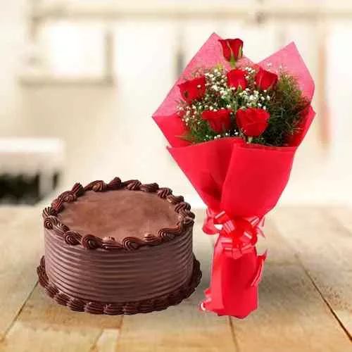 Deliver Expressive Red Roses Bouquet with Chocolate Cake