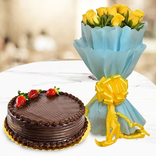 Deliver Yellow Roses Bunch with Chocolate Cake