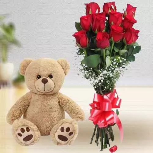 Order Teddy with Red Rose Bouquet