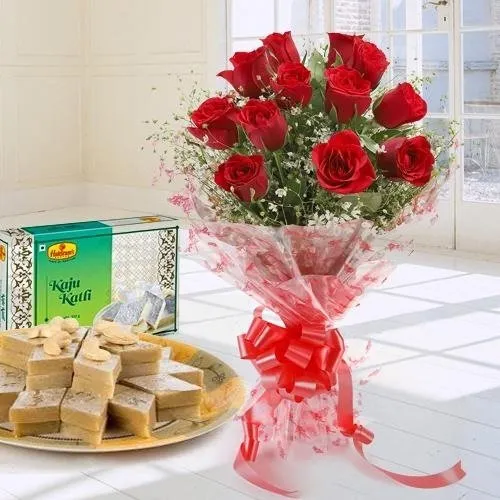 Shop Lovely Red Roses with Kaju Katli for Mothers Day 