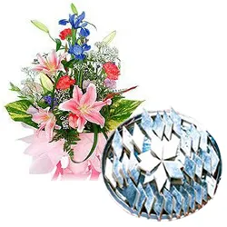 Deliver Kaju Barfi with Seasonal Flowers Bouquet 