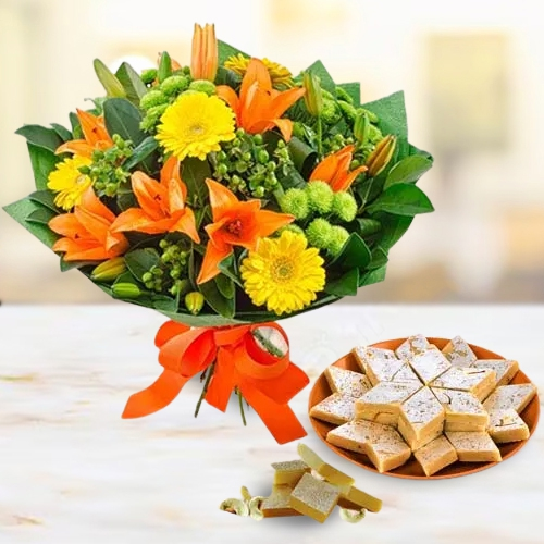 Send Kaju Burfi with Seasonal Flower Bouquet