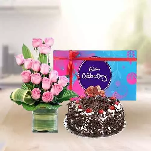 Deliver Cake n Pink Roses Arrangement with Cadbury Celebrations