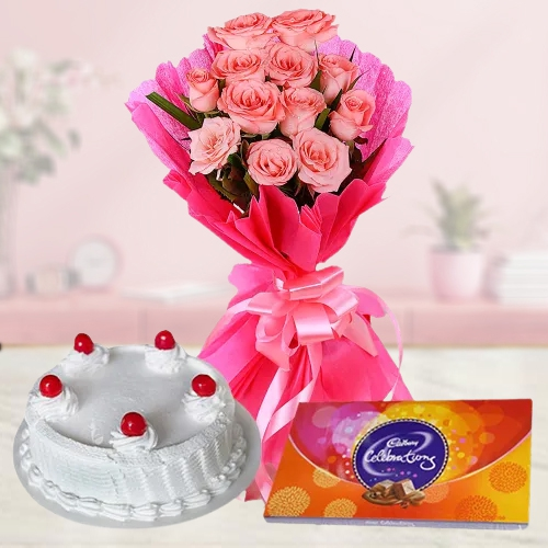 Shop for Pink Roses Cadbury Celebration Pack and Cake