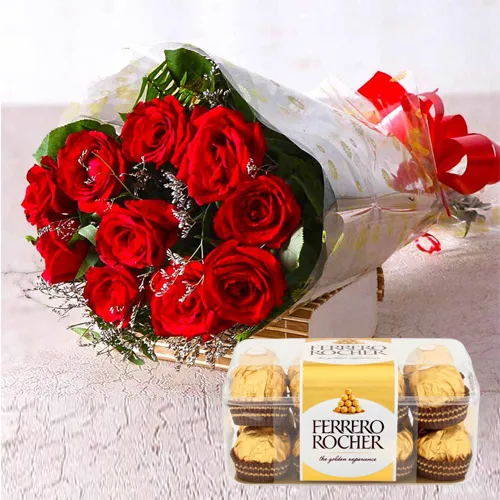 Order Red Roses Bouquet with Ferrero Rocher Chocolates