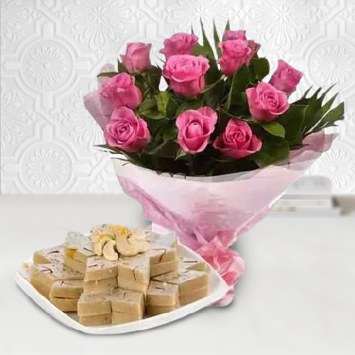 Order Pink Roses Bouquet with Kaju Katli