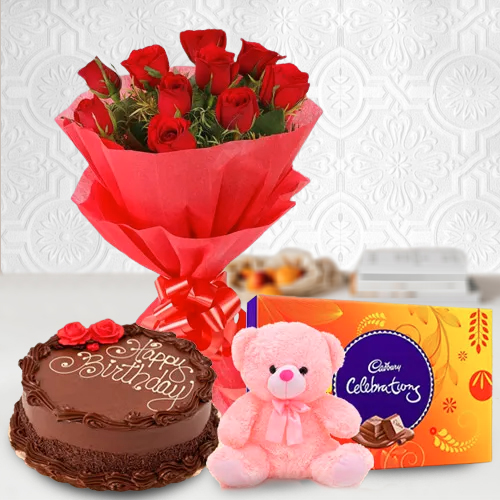 Send Rose Bouquet with Teddy Chocolate Cake N Cadbury Celebrations 
