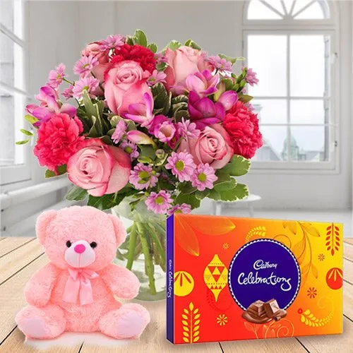 Send Mixed Flower Vase Arrangement with Chocolate and Teddy