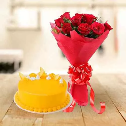 Send Red Roses Bouquet N Mango Flavor Cake