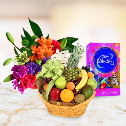 Send Flowers Bouquet with Mixed Fruits Basket and a Chocolate Pack