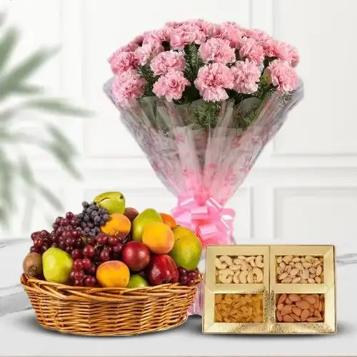 Send Fruits Basket with Assorted Dry Fruits and Pink Carnations