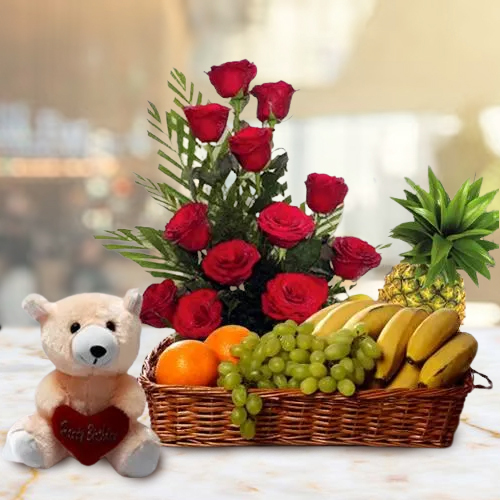Send Roses Arrangement with Teddy and Fruits Basket