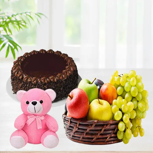 Send Teddy with Candles, Fresh Fruits and Chocolate Cake