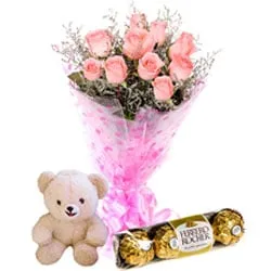Shop for Ferrero Rocher with Teddy and Pink Roses Bunch 