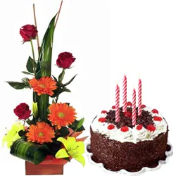 Deliver Seasonal Flowers Arrangement with Black Forest Cake 