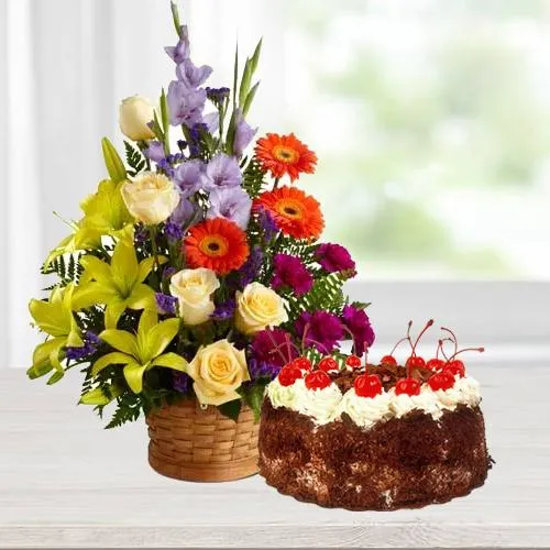 Send Seasonal Flowers N Black Forest Cake 