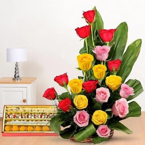Order Admirable colorful mixed Roses and palatable assorted Sweets