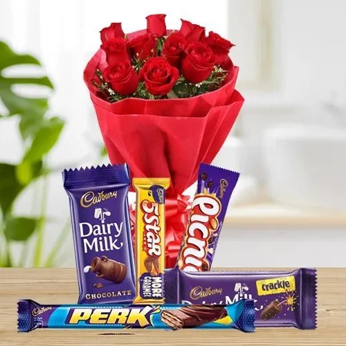 Sending Assorted Chocolates with Red Roses Bunch  