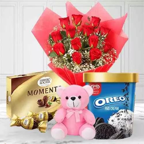 Radiant Red Roses n Kwality Walls Oreo Ice Cream with Ferrero Moments n Teddy