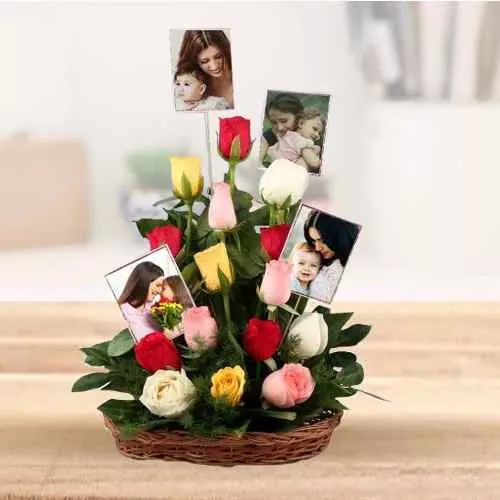 Shop Mixed Roses Basket with Personalized Photos for Mom 