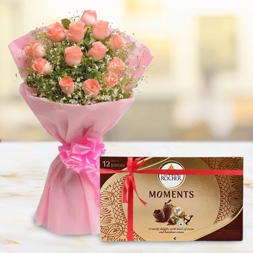Send Elegant Pink Roses Bouquet with Ferrero Rocher Moment Chocolate Box, Same Day Delivery
