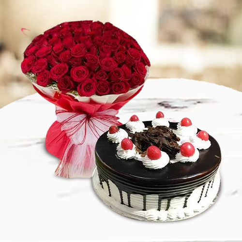 Buy Combo of Red Roses N Black Forest Cake Online 